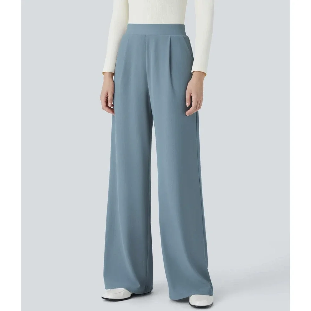 Halara Flex High Waisted Wide Leg Micro Waffle Work Pants Light Blue Size XL
